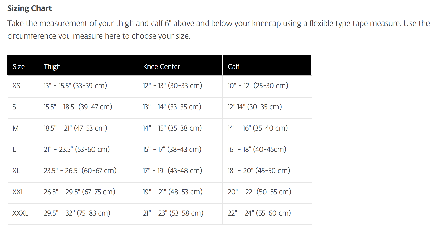 Donjoy Size Chart